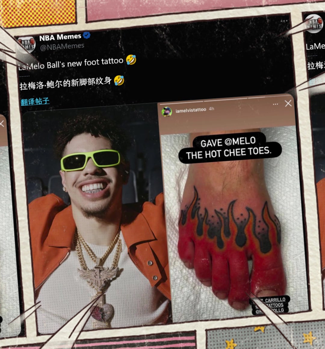 實(shí)在欣賞不來三球拉梅洛-鮑爾曬出足部新紋身簡直逆天啊